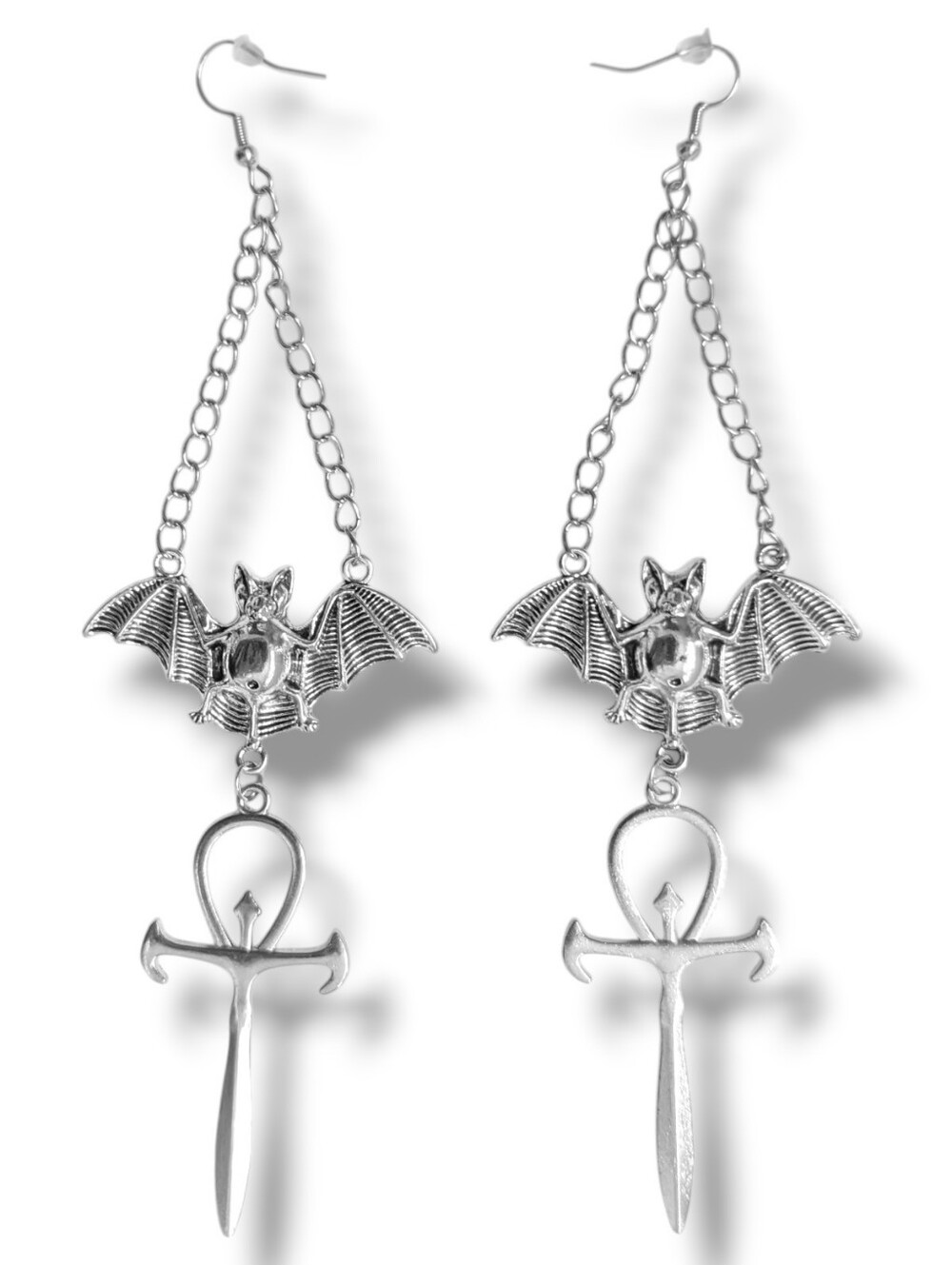 NWT Handmade Extra Long Silver Bat Dangly Ankh and Chain Earrings